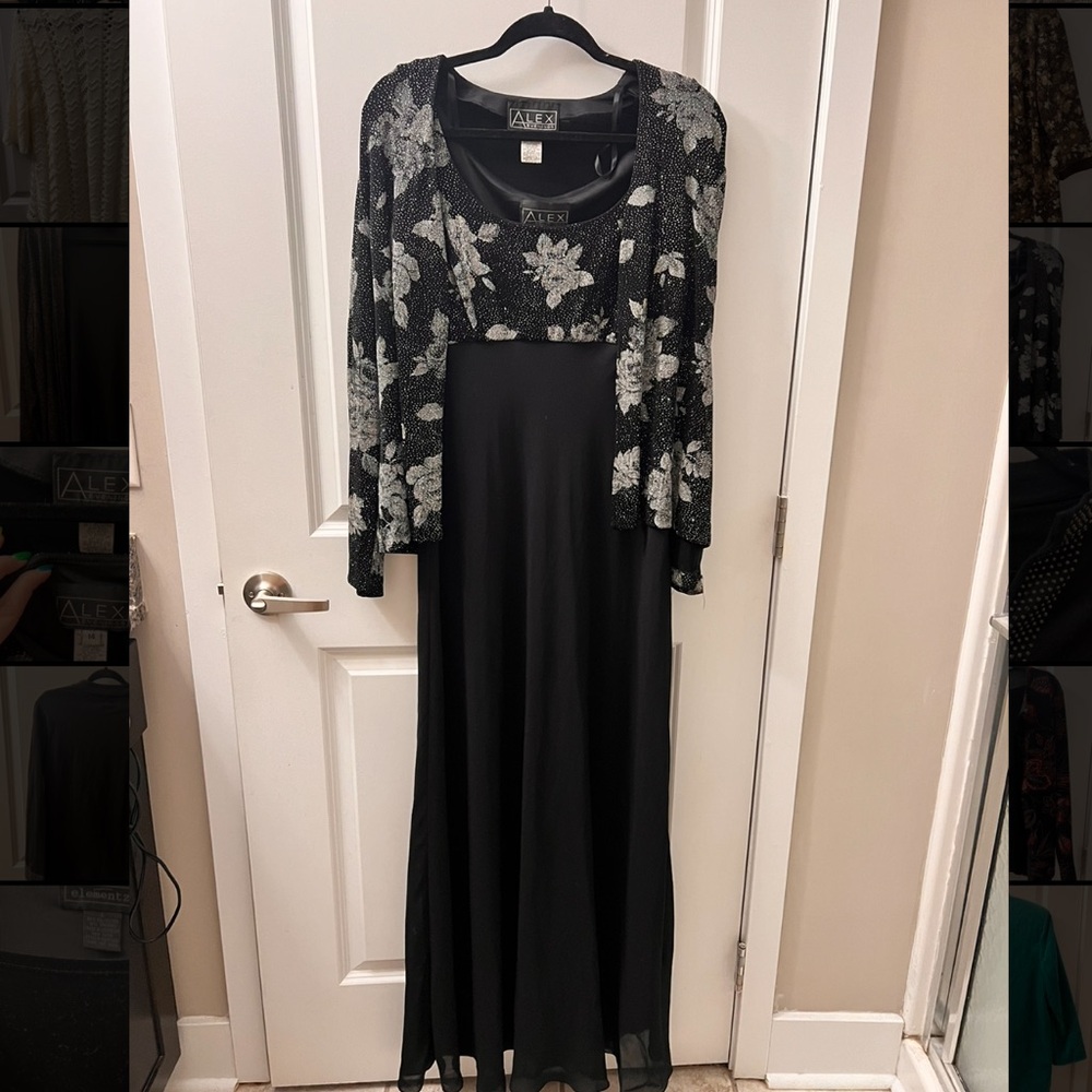 Vintage Alex Evenings Black and Silver Long Gown with matching Cardigan